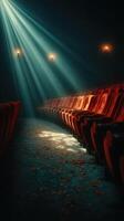 Soft rays of light illuminate empty velvet seats in a vintage theater during a quiet afternoon photo