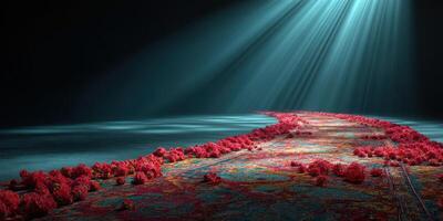 Rays of light illuminate a vibrant path adorned with roses leading through a dark space photo