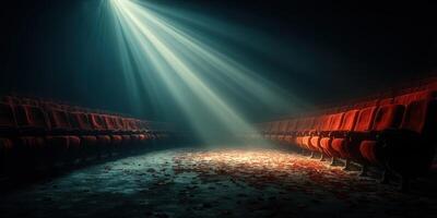 Dramatic spotlight illuminates empty theater seats scattered with rose petals and shrouded in darkness photo