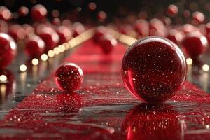 Festive red spheres create a glittering display along a reflective surface during a dazzling celebration photo
