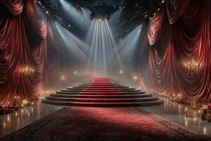 Dramatic stage design with red curtains and illuminated stairs in a theatrical setting at night photo