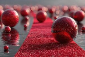 Reflection of red spheres on a shimmering surface with a textured carpet photo