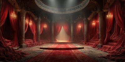 Elegant grand theater stage adorned with red curtains and soft lighting creates a dramatic atmosphere for performances photo