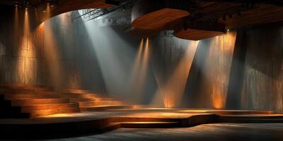 Dramatic stage with warm lighting in a modern theater setting for performances and events photo