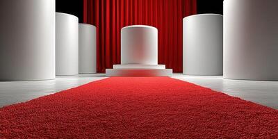 Red carpet setup with white podiums and red curtains in a dramatic lighting atmosphere photo