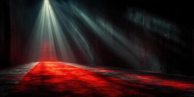 Intriguing stairway illuminated by beams of light on a red carpet path in a darkened room photo
