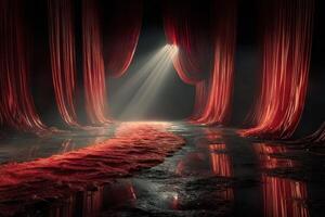 Dramatic red drapery and spotlight create an enchanting atmosphere in a theatrical setting photo
