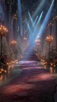 Elegant candlelit corridor decorated with Christmas trees and chandeliers during a festive evening celebration photo
