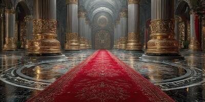 Grand hallway adorned with red carpet and golden details in an opulent palace setting photo