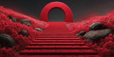 Red staircase leads to a circular arch amid vibrant flowers under a dark sky at twilight photo