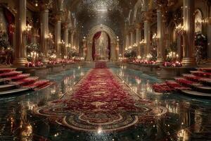 Elegant grand hall adorned with opulent decor and soft candlelight in a luxurious setting photo