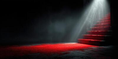 Mysterious dark stairway illuminated by a single beam of light showcasing red carpet accents photo