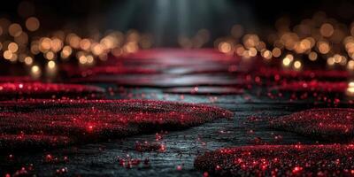 Vibrant red glitter pathway illuminated by warm lights during evening event at an elegant venue photo