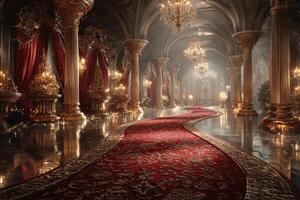 Luxurious palace interior with intricate details and ornate decorations captured in soft lighting during an elegant evening setting photo