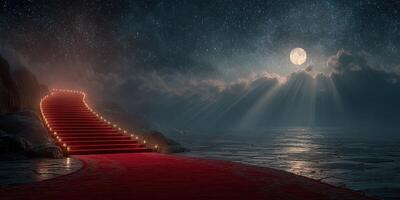 Stunning red carpet leading up illuminated stairs under a starry sky and bright moonlight at night time photo