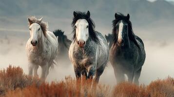 Wild horses galloping across the dusty plains in the early morning light, showcasing their strength and beauty in nature photo