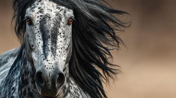 Majestic horse galloping with flowing mane in a serene outdoor setting during golden hour photo