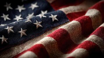 Close-up view of an American flag highlighting fabric texture and colors during a patriotic celebration photo