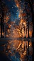 Majestic autumn evening in a park with glowing trees and shimmering reflections photo