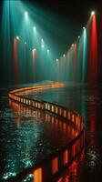 Colorful lights illuminate a reflective pathway in a dark space creating a vibrant and dynamic atmosphere photo