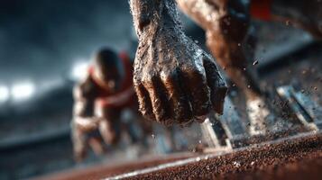 Close-up of a runner's hand gripping the track before a race during a sunny day at a stadium photo
