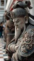 Intricate stone warrior sculptures stand guard in a historic temple corridor during daylight hours photo