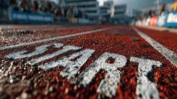 Runners prepare for a competitive race on an outdoor track with a visible starting line at a local sports event photo