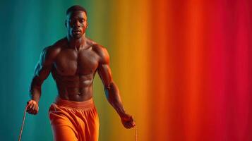 Muscular man skipping rope in bright colorful background during fitness training session photo