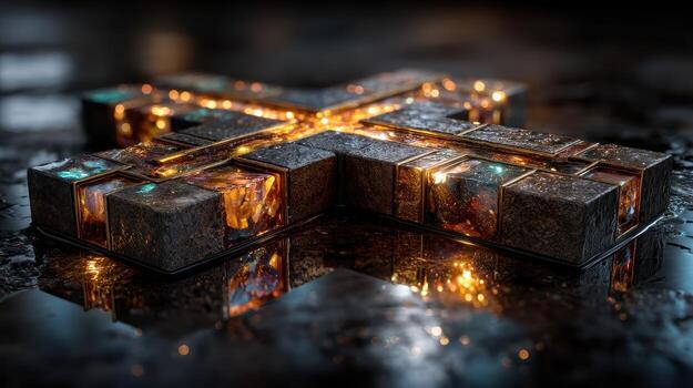 Shimmering metallic structure with glowing elements on a reflective surface in a dark environment photo