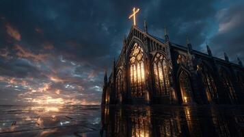 Beautiful gothic church illuminated by sunset with dramatic clouds in the sky reflecting on wet ground photo