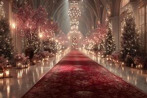 Elegant winter wonderland with sparkling decorations and festive ambiance in a grand hall photo
