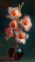 Beautiful blooming gladiolus flowers in a vase against a dark background with elegant lighting effects photo