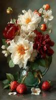 Beautiful floral arrangement featuring peonies, strawberries, and blossoms in a glass vase, showcasing vibrant colors and textures photo