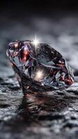 Glittering diamond resting on textured surface reflecting light and showcasing brilliance in an artistic arrangement photo