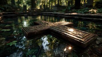 Moss-covered cross emerges from tranquil water in a secluded forest cemetery at golden hour photo
