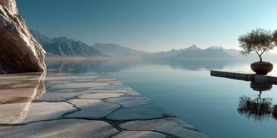 Calm waters reflect mountains and a lone plant near a serene shoreline at sunrise photo