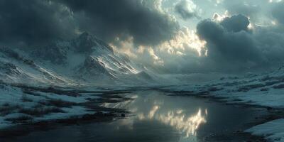Stunning winter landscape showcasing mountains, clouds, and a calm reflective river at dawn photo