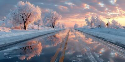 Winter road surrounded by frosted trees reflecting colorful sky at sunset photo