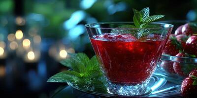 Refreshing berry drink with mint leaves served in a crystal glass alongside fresh strawberries in a cozy setting photo