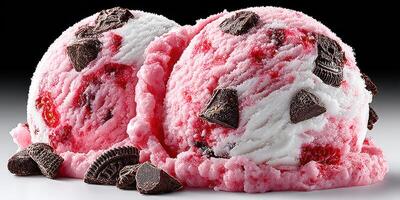 Delicious strawberry and chocolate cookie ice cream served in two scoops with toppings on a dark background photo