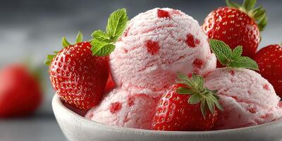 Delicious strawberry ice cream served in a bowl with fresh strawberries on a wooden table photo