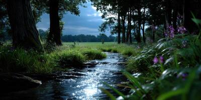 Lush forest landscape at dusk with a serene stream reflecting the evening light in a tranquil natural setting photo