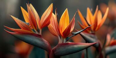 Beautiful bird of paradise flowers showcasing vibrant orange and green hues in a lush garden setting during golden hour photo