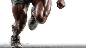 Runner in dynamic stride showcasing strength and speed during a training session in a gym setting photo