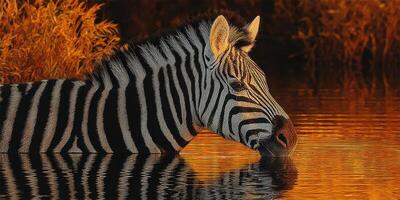 Zebra drinking from a tranquil water source during sunset in a natural habitat photo