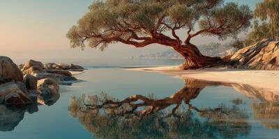 Serene landscape featuring an ancient tree beside calm waters during early morning light photo