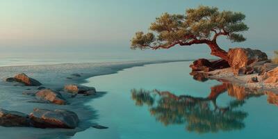 Breathtaking view of a tree by a tranquil body of water at sunrise reflecting on the surface and surrounding rocks photo