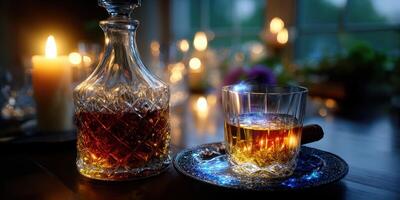 Elegant evening setting with a glass of whiskey and a decanter amidst soft candlelight photo