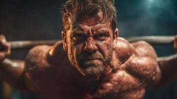 Intense weightlifting session showcasing muscular athlete at a dimly lit gym during evening hours photo