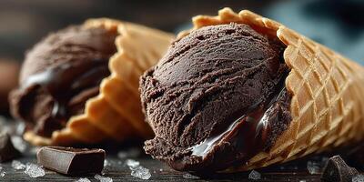 Indulging in delicious chocolate ice cream cones with rich texture and deep flavor at a cozy dessert shop photo